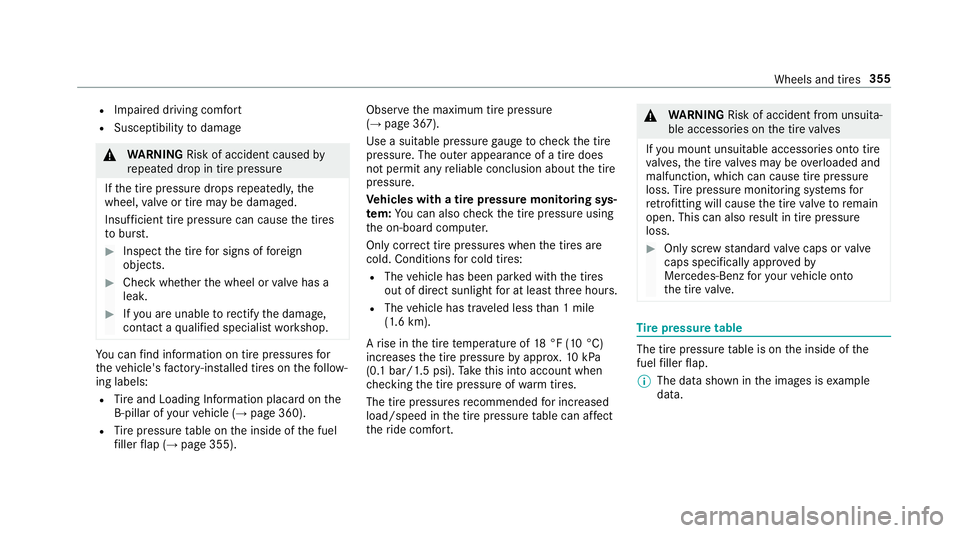 MERCEDES-BENZ E-CLASS CABRIOLET 2018 Owners Manual RImpaired driving comfort
RSusceptibility todamage
0071
WARNING Risk of accident caused by
re peated drop in tire pressure
If th e tire pressure drops repeatedly, the
wheel, valve or tire may be damag MERCEDES-BENZ E-CLASS CABRIOLET 2018 Owners Manual RImpaired driving comfort
RSusceptibility todamage
0071
WARNING Risk of accident caused by
re peated drop in tire pressure
If th e tire pressure drops repeatedly, the
wheel, valve or tire may be damag