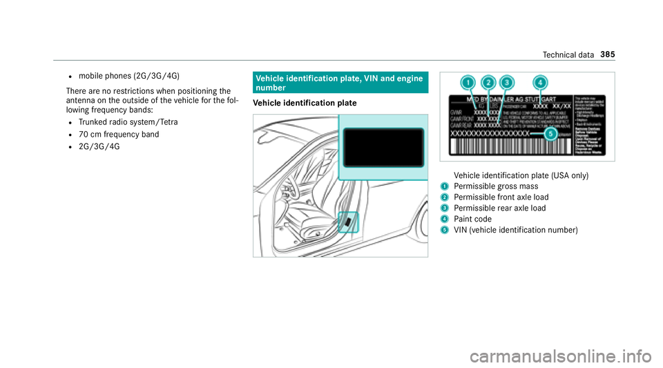 MERCEDES-BENZ E-CLASS CABRIOLET 2018 Owners Manual Rmobile phones (2G/3G/4G)
There are no restrictions when positioning the
antenna on the outside of theve hicle forth efo l‐
lowing frequency bands:
RTr unked radio sy stem/T etra
R70 cm frequency ba MERCEDES-BENZ E-CLASS CABRIOLET 2018 Owners Manual Rmobile phones (2G/3G/4G)
There are no restrictions when positioning the
antenna on the outside of theve hicle forth efo l‐
lowing frequency bands:
RTr unked radio sy stem/T etra
R70 cm frequency ba