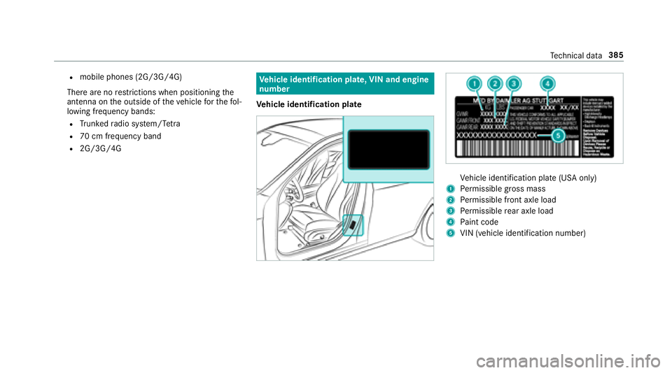 MERCEDES-BENZ E-CLASS CABRIOLET 2018  Owners Manual Rmobile phones (2G/3G/4G)
There are no restrictions when positioning the
antenna on the outside of theve hicle forth efo l‐
lowing frequency bands:
RTr unked radio sy stem/T etra
R70 cm frequency ba