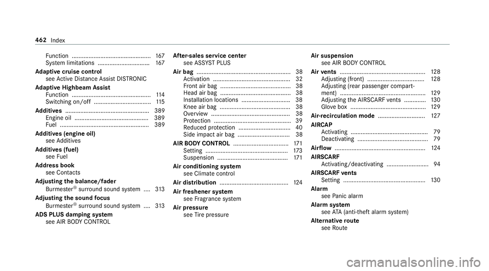 MERCEDES-BENZ E-CLASS CABRIOLET 2018 Owners Manual Function ............................................... 167
Sy stem limitations .............................. .167
Ad aptive cruise control
see Active Dis tance Assist DISTRONIC
Ad aptive Highbeam A MERCEDES-BENZ E-CLASS CABRIOLET 2018 Owners Manual Function ............................................... 167
Sy stem limitations .............................. .167
Ad aptive cruise control
see Active Dis tance Assist DISTRONIC
Ad aptive Highbeam A