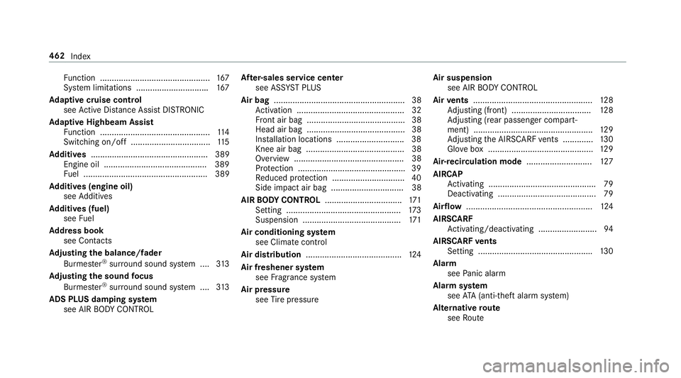 MERCEDES-BENZ E-CLASS CABRIOLET 2018  Owners Manual Function ............................................... 167
Sy stem limitations .............................. .167
Ad aptive cruise control
see Active Dis tance Assist DISTRONIC
Ad aptive Highbeam A