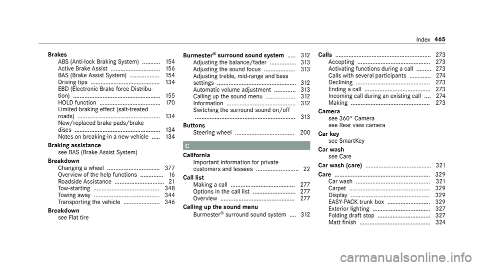 MERCEDES-BENZ E-CLASS CABRIOLET 2018 Owners Manual BrakesABS (Anti-lock Braking Sy stem) ........... 154
Ac tive Brake Assi st.............................. 156
BA S (Brake Assist System) .................. 154
Driving tips ........................... MERCEDES-BENZ E-CLASS CABRIOLET 2018 Owners Manual BrakesABS (Anti-lock Braking Sy stem) ........... 154
Ac tive Brake Assi st.............................. 156
BA S (Brake Assist System) .................. 154
Driving tips ...........................