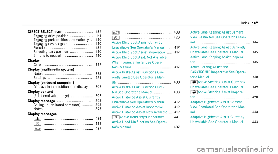 MERCEDES-BENZ E-CLASS CABRIOLET 2018 Owners Manual DIRECT SELECT lever............................... 139
Engaging drive position ........................ 141
Engaging pa rkposition automatically .. 140
Engaging reve rsege ar ........................ MERCEDES-BENZ E-CLASS CABRIOLET 2018 Owners Manual DIRECT SELECT lever............................... 139
Engaging drive position ........................ 141
Engaging pa rkposition automatically .. 140
Engaging reve rsege ar ........................