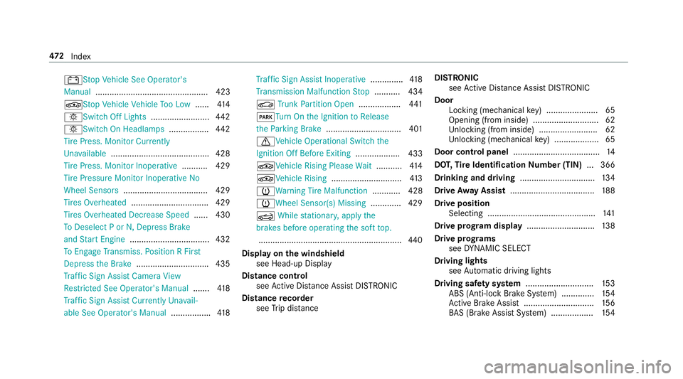 MERCEDES-BENZ E-CLASS CABRIOLET 2018  Owners Manual 003DStopVehicle See Operator's
Manual ................................................ 423
00CCSt opVehicle Vehicle Too Low ......414
0049Switch Off Lights .........................442
0049Switch 