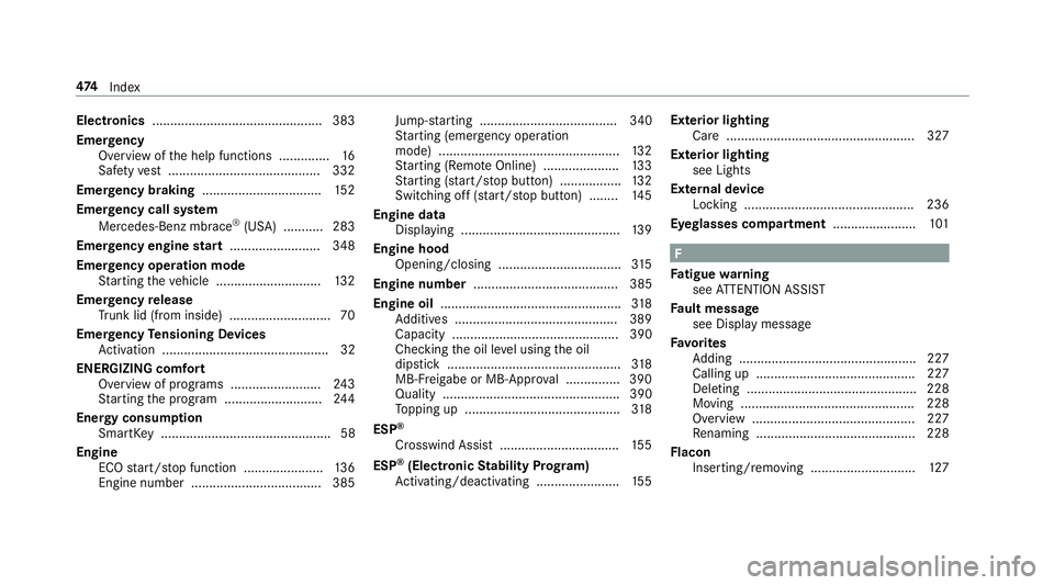 MERCEDES-BENZ E-CLASS CABRIOLET 2018 Owners Manual Electronics.............................................. .383
Emer gency
Overview of the help functions .............. 16
Saf etyve st .......................................... 332
Eme rgency brakin MERCEDES-BENZ E-CLASS CABRIOLET 2018 Owners Manual Electronics.............................................. .383
Emer gency
Overview of the help functions .............. 16
Saf etyve st .......................................... 332
Eme rgency brakin