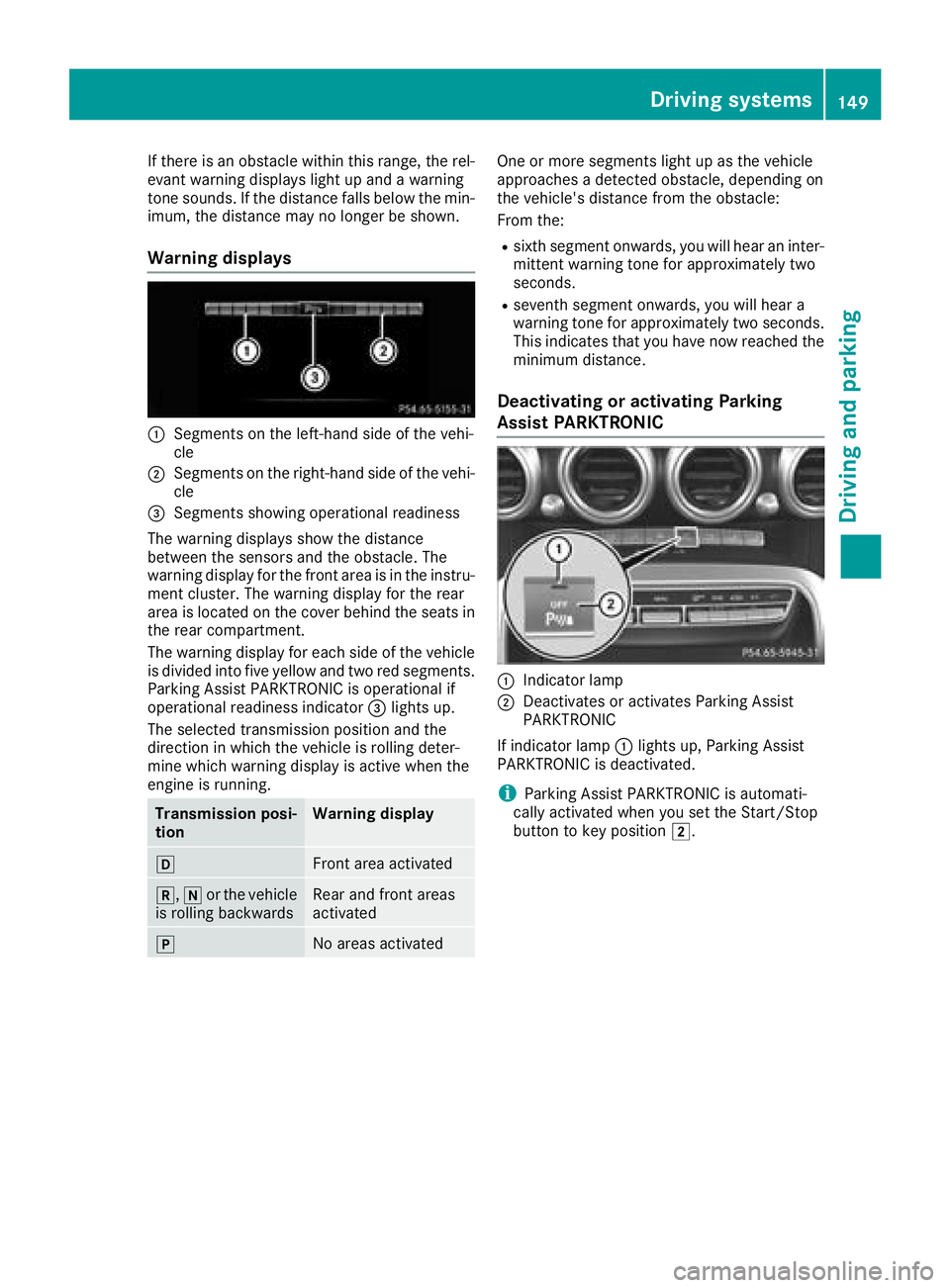 MERCEDES-BENZ AMG GT ROADSTER 2018 Owners Manual If there is an obstacle within this range, the rel-
evant warning displays light up and a warning
tone sounds. If the distance falls below the min-
imum, the distance may no longer be shown.
Warning d MERCEDES-BENZ AMG GT ROADSTER 2018 Owners Manual If there is an obstacle within this range, the rel-
evant warning displays light up and a warning
tone sounds. If the distance falls below the min-
imum, the distance may no longer be shown.
Warning d