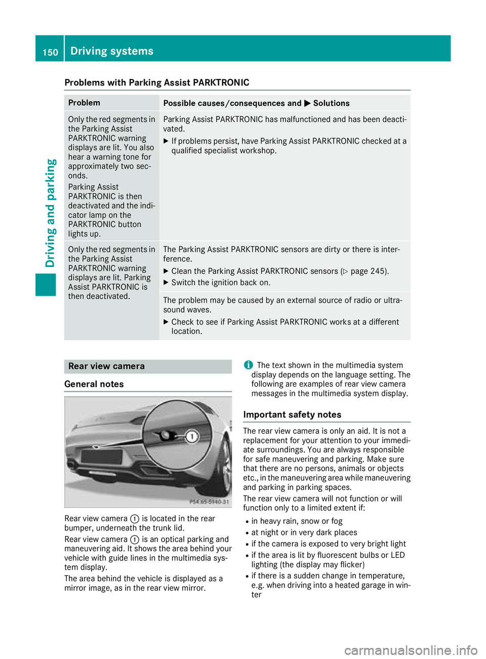 MERCEDES-BENZ AMG GT ROADSTER 2018 Owners Manual Problems with Parking Assist PARKTRONIC
ProblemPossible causes/consequences andMSolutions
Only the red segments in
the Parking Assist
PARKTRONIC warning
displays are lit. You also
hear a warning tone MERCEDES-BENZ AMG GT ROADSTER 2018 Owners Manual Problems with Parking Assist PARKTRONIC
ProblemPossible causes/consequences andMSolutions
Only the red segments in
the Parking Assist
PARKTRONIC warning
displays are lit. You also
hear a warning tone