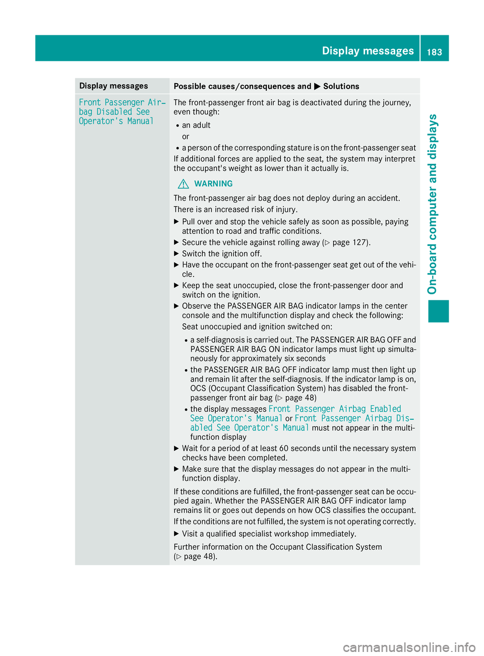 MERCEDES-BENZ AMG GT ROADSTER 2018  Owners Manual Display messagesPossible causes/consequences andMSolutions
FrontPassengerAir‐bag Disabled SeeOperator' sManual
The front-passenger fron tair bag is deactivated during th ejourney,
eve nthough :
