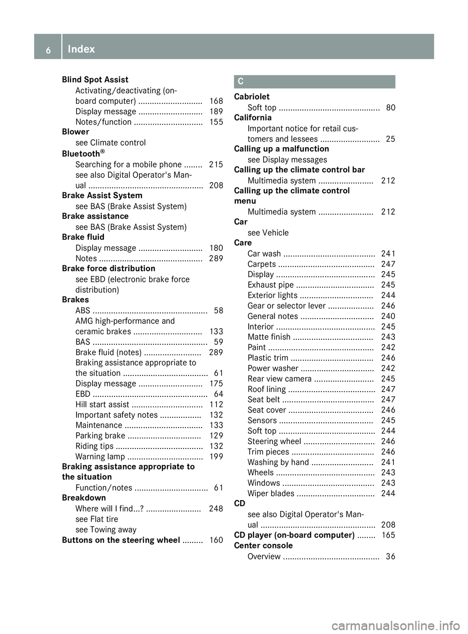 MERCEDES-BENZ AMG GT ROADSTER 2018  Owners Manual Blind Spot AssistActivating/deactivating (on-
board computer) ............................ 168
Display message ............................ 189
Notes/function .............................. 155
Blower