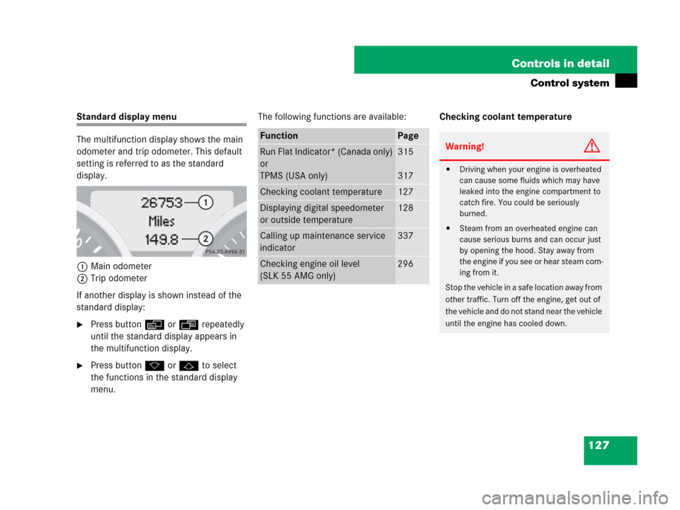 MERCEDES-BENZ SLK55AMG 2008 R171 Owners Manual 127 Controls in detail
Control system
Standard display menu
The multifunction display shows the main 
odometer and trip odometer. This default 
setting is referred to as the standard 
display.
1Main o