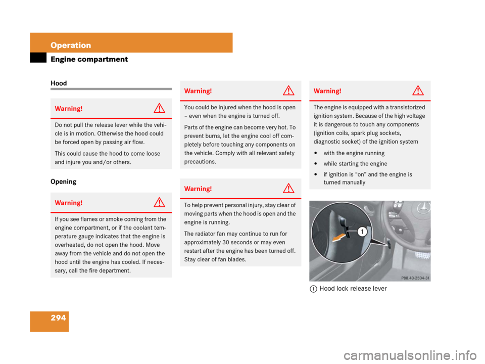 MERCEDES-BENZ SLK280 2008 R171 Owners Manual 294 Operation
Engine compartment
Hood
Opening
1Hood lock release lever
Warning!G
Do not pull the release lever while the vehi-
cle is in motion. Otherwise the hood could 
be forced open by passing air
