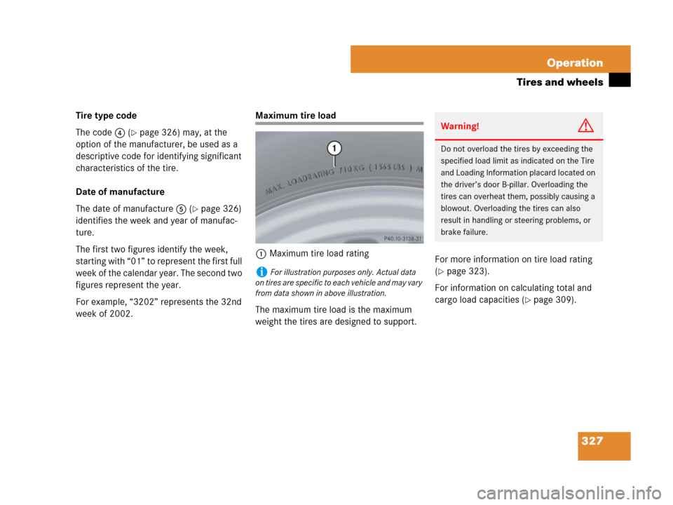MERCEDES-BENZ SLK55AMG 2008 R171 Owners Manual 327 Operation
Tires and wheels
Tire type code
The code4 (
page 326) may, at the 
option of the manufacturer, be used as a 
descriptive code for identifying significant 
characteristics of the tire.
D