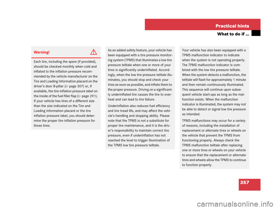 MERCEDES-BENZ SLK280 2008 R171 Owners Manual 357 Practical hints
What to do if …
Warning!G
Each tire, including the spare (if provided), 
should be checked monthly when cold and 
inflated to the inflation pressure recom-
mended by the vehicle 