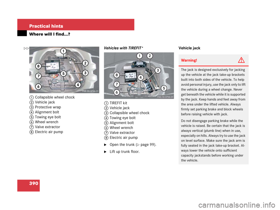 MERCEDES-BENZ SLK280 2008 R171 Owners Manual 390 Practical hints
Where will I find...?
1Collapsible wheel chock
2Vehicle jack
3Protective wrap
4Alignment bolt
5Towing eye bolt
6Wheel wrench
7Valve extractor
8Electric air pumpVehicles with TIREFI