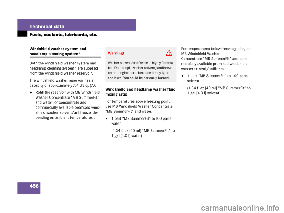 MERCEDES-BENZ SLK280 2008 R171 Owners Manual 458 Technical data
Fuels, coolants, lubricants, etc.
Windshield washer system and 
headlamp cleaning system*
Both the windshield washer system and 
headlamp cleaning system* are supplied 
from the win