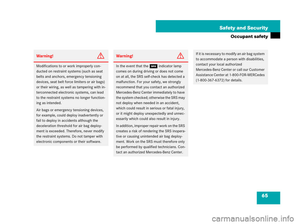 MERCEDES-BENZ SLK280 2008 R171 Owners Guide 65 Safety and Security
Occupant safety
Warning!G
Modifications to or work improperly con-
ducted on restraint systems (such as seat 
belts and anchors, emergency tensioning 
devices, seat belt force l