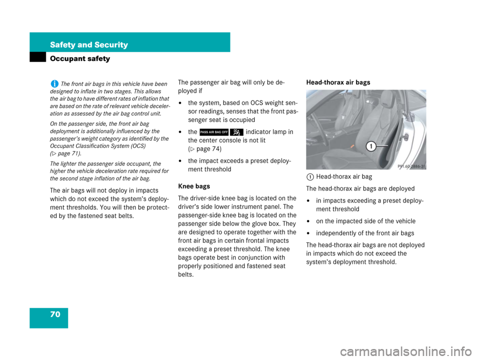 MERCEDES-BENZ SLK280 2008 R171 Manual PDF 70 Safety and Security
Occupant safety
The air bags will not deploy in impacts
which do not exceed the system’s deploy-
ment thresholds. You will then be protect-
ed by the fastened seat belts.The MERCEDES-BENZ SLK280 2008 R171 Manual PDF 70 Safety and Security
Occupant safety
The air bags will not deploy in impacts
which do not exceed the system’s deploy-
ment thresholds. You will then be protect-
ed by the fastened seat belts.The