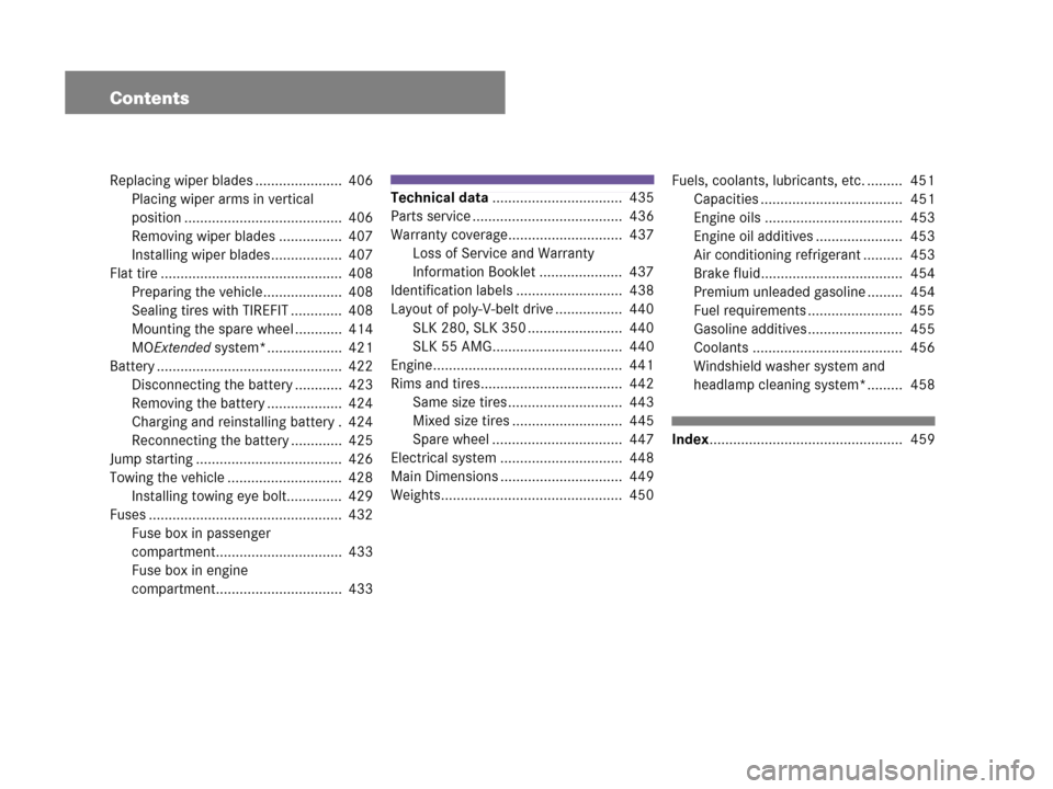 MERCEDES-BENZ SLK55AMG 2008 R171 Owners Manual Contents
Replacing wiper blades ......................  406
Placing wiper arms in vertical
position ........................................  406
Removing wiper blades ................  407
Installing