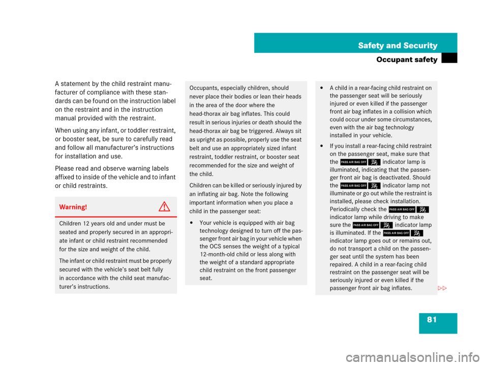 MERCEDES-BENZ SLK280 2008 R171 Owners Guide 81 Safety and Security
Occupant safety
A statement by the child restraint manu-
facturer of compliance with these stan-
dards can be found on the instruction label 
on the restraint and in the instruc