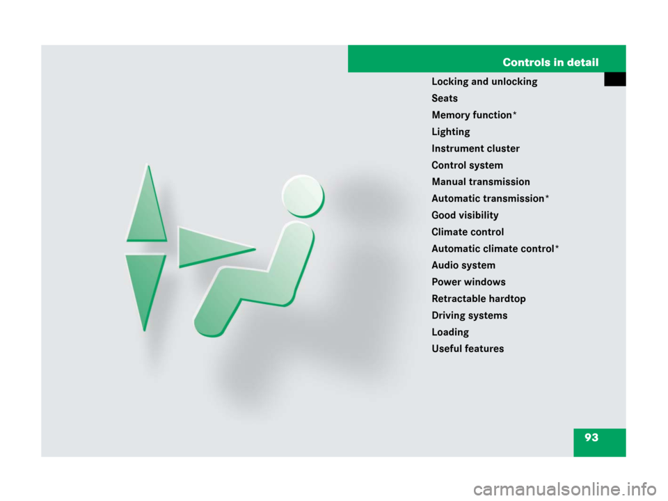 MERCEDES-BENZ SLK280 2008 R171 Owners Manual 93 Controls in detail
Locking and unlocking
Seats
Memory function*
Lighting
Instrument cluster
Control system
Manual transmission
Automatic transmission*
Good visibility
Climate control
Automatic clim