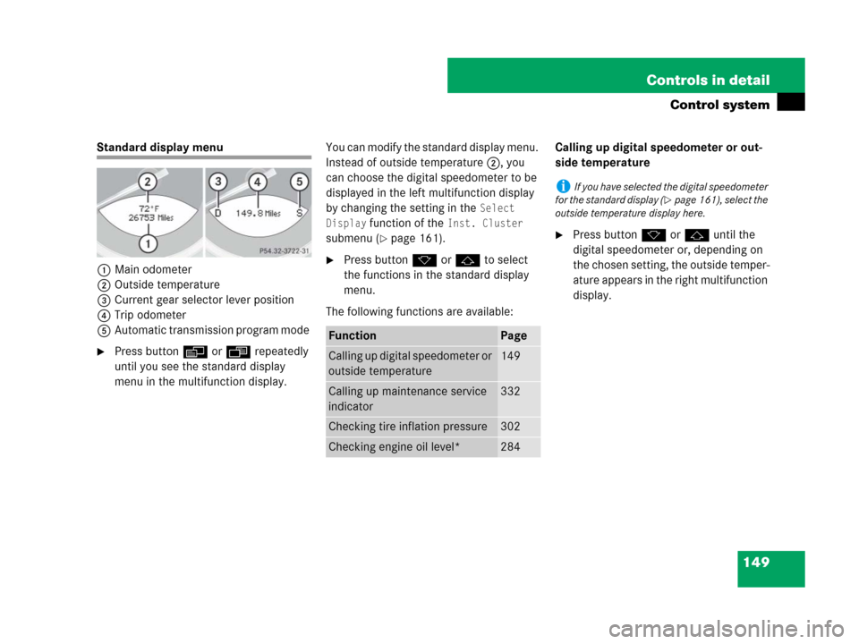 MERCEDES-BENZ SL550 2008 R230 Owners Manual 149 Controls in detail
Control system
Standard display menu
1Main odometer
2Outside temperature
3Current gear selector lever position
4Trip odometer
5Automatic transmission program mode 
Press button