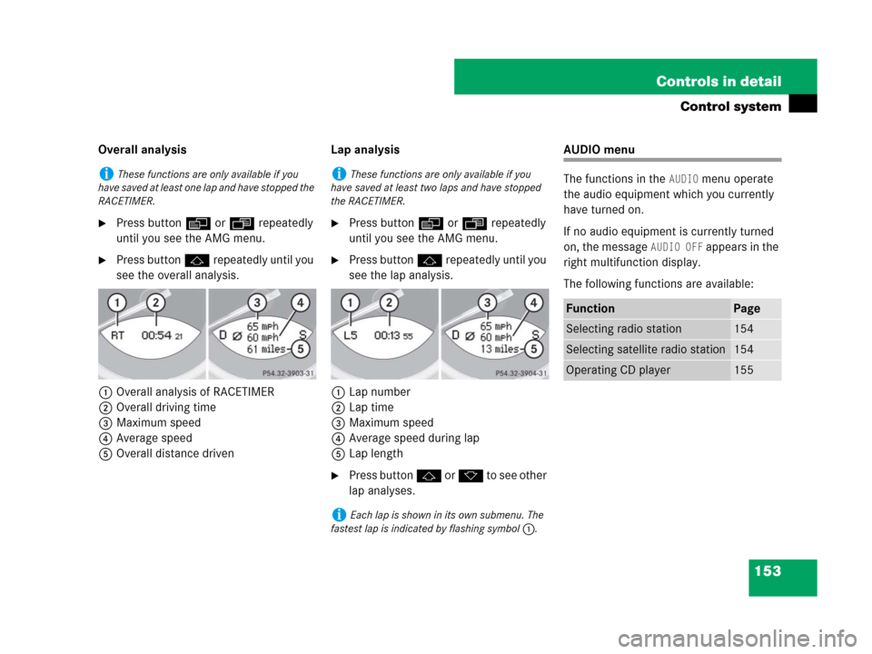 MERCEDES-BENZ SL65AMG 2008 R230 Owners Manual 153 Controls in detail
Control system
Overall analysis
Press button è or ÿ repeatedly 
until you see the AMG menu.
Press button j repeatedly until you 
see the overall analysis.
1Overall analysis 