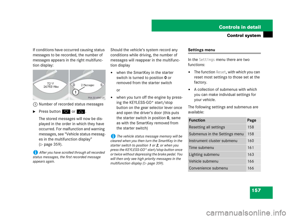 MERCEDES-BENZ SL550 2008 R230 Owners Manual 157 Controls in detail
Control system
If conditions have occurred causing status 
messages to be recorded, the number of 
messages appears in the right multifunc-
tion display:
1Number of recorded sta