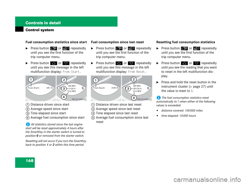 MERCEDES-BENZ SL600 2008 R230 Owners Manual 168 Controls in detail
Control system
Fuel consumption statistics since start
Press button ÿ or è repeatedly 
until you see the first function of the 
trip computer menu.
Press button j or k repea