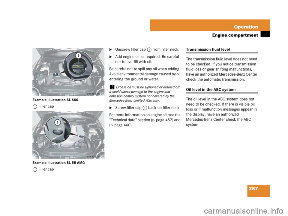 MERCEDES-BENZ SL600 2008 R230 Owners Guide 287 Operation
Engine compartment
Example illustration SL 550
1Filler cap
Example illustration SL 55 AMG
1Filler cap
Unscrew filler cap1 from filler neck.
Add engine oil as required. Be careful 
not 