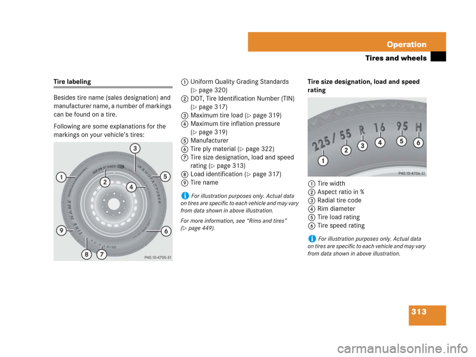 MERCEDES-BENZ SL65AMG 2008 R230 Owners Manual 313 Operation
Tires and wheels
Tire labeling
Besides tire name (sales designation) and 
manufacturer name, a number of markings 
can be found on a tire.
Following are some explanations for the 
markin