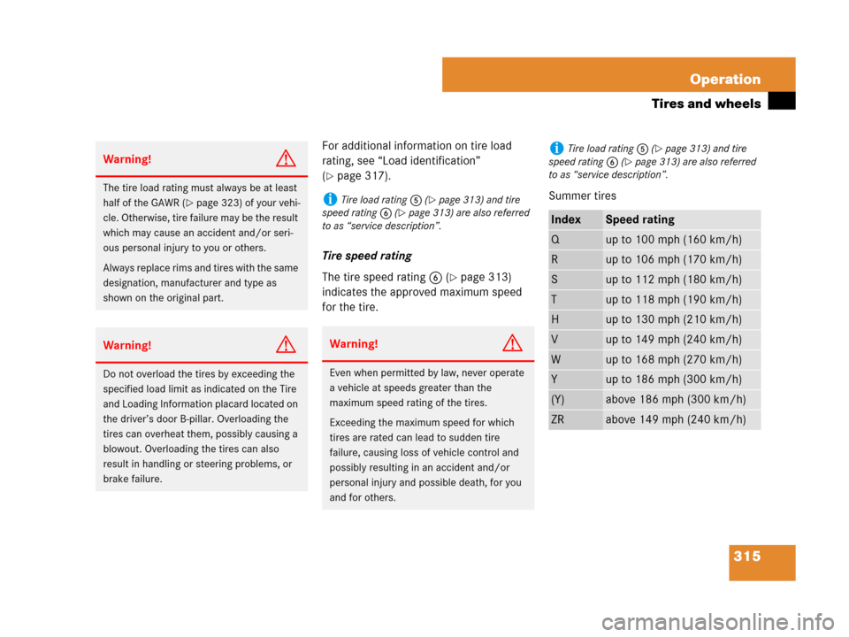 MERCEDES-BENZ SL65AMG 2008 R230 Owners Manual 315 Operation
Tires and wheels
For additional information on tire load 
rating, see “Load identification” 
(
page 317).
Tire speed rating
The tire speed rating6 (
page 313) 
indicates the approv