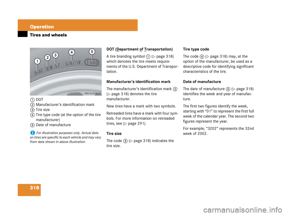 MERCEDES-BENZ SL65AMG 2008 R230 Owners Manual 318 Operation
Tires and wheels
1DOT
2Manufacturer’s identification mark
3Tire size
4Tire type code (at the option of the tire 
manufacturer)
5Date of manufactureDOT (D
epartment of Transportation)
A