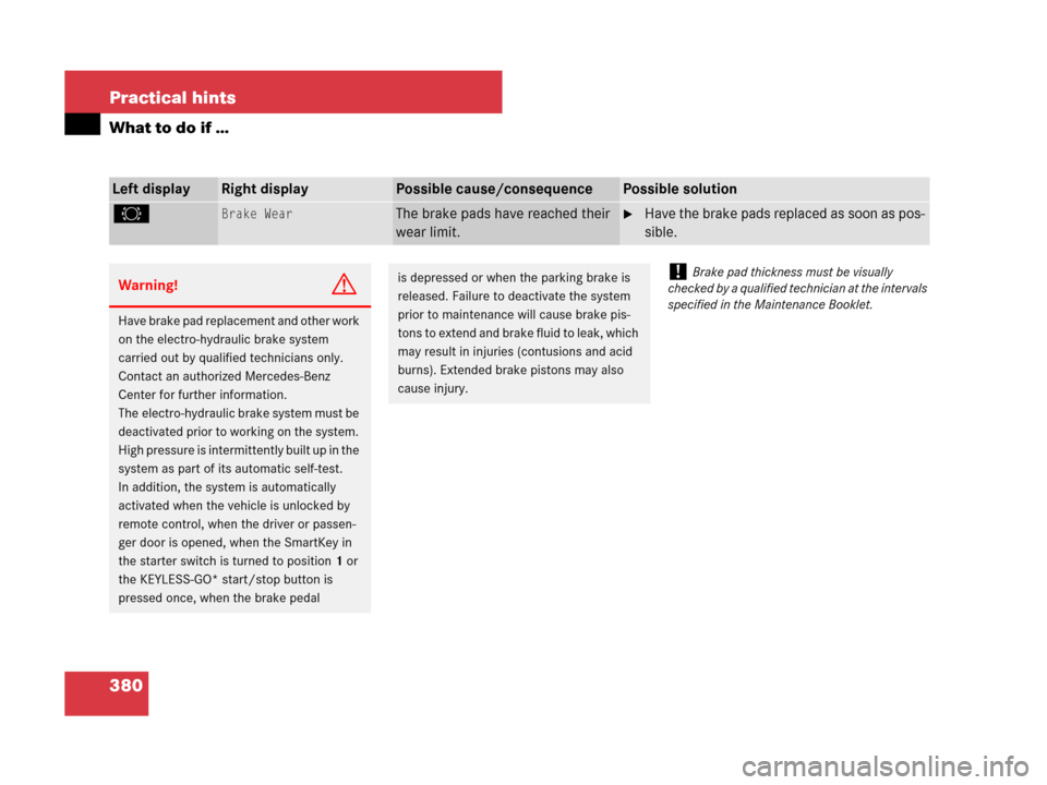 MERCEDES-BENZ SL550 2008 R230 Owners Manual 380 Practical hints
What to do if …
Left displayRight displayPossible cause/consequencePossible solution
2 Brake WearThe brake pads have reached their 
wear limit.Have the brake pads replaced as so