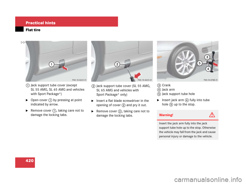 MERCEDES-BENZ SL65AMG 2008 R230 Owners Manual 420 Practical hints
Flat tire
1Jack support tube cover (except 
SL 55 AMG, SL 65 AMG and vehicles 
with Sport Package*)
Open cover1 by pressing at point 
indicated by arrow.
Remove cover1, taking ca