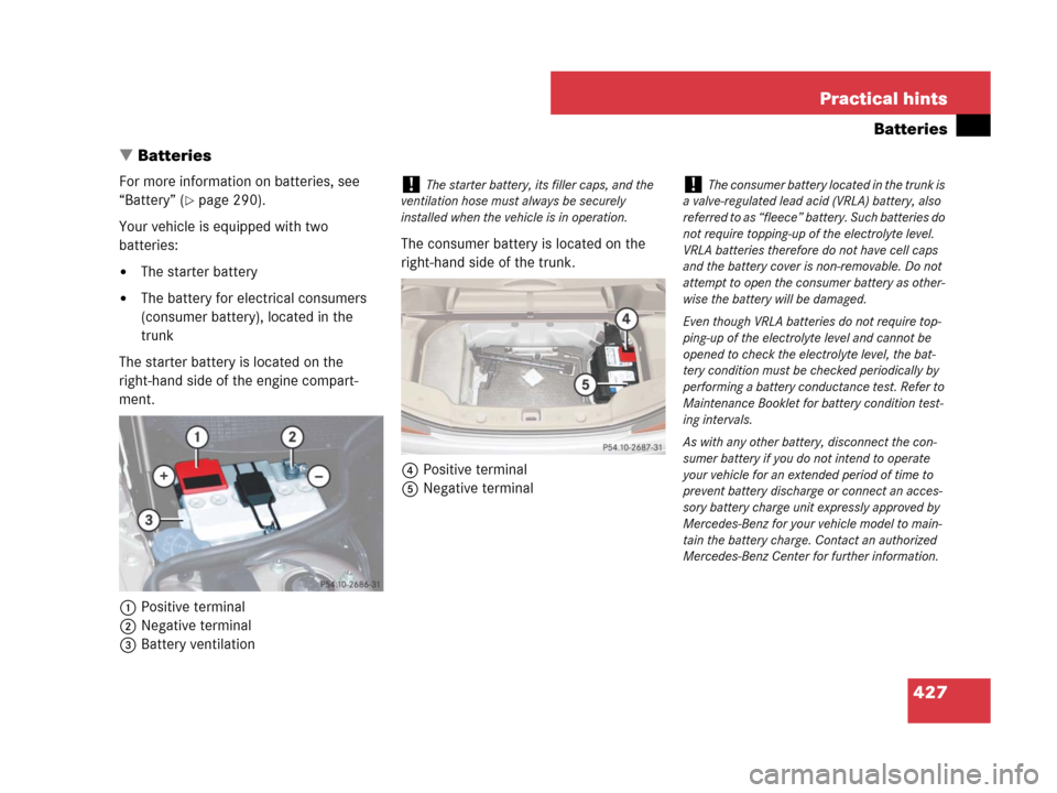 MERCEDES-BENZ SL65AMG 2008 R230 Owners Manual 427 Practical hints
Batteries
Batteries
For more information on batteries, see 
“Battery” (
page 290).
Your vehicle is equipped with two 
batteries:
The starter battery
The battery for electri