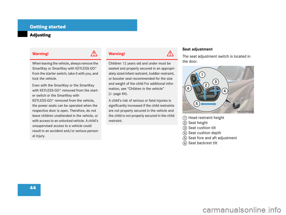 MERCEDES-BENZ SL600 2008 R230 Owners Manual 44 Getting started
Adjusting
Seat adjustment
The seat adjustment switch is located in 
the door.
1Head restraint height
2Seat height
3Seat cushion tilt
4Seat cushion depth
5Seat fore and aft adjustmen