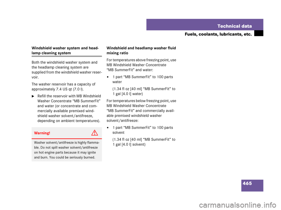 MERCEDES-BENZ SL550 2008 R230 Owners Manual 465 Technical data
Fuels, coolants, lubricants, etc.
Windshield washer system and head-
lamp cleaning system
Both the windshield washer system and 
the headlamp cleaning system are 
supplied from the 