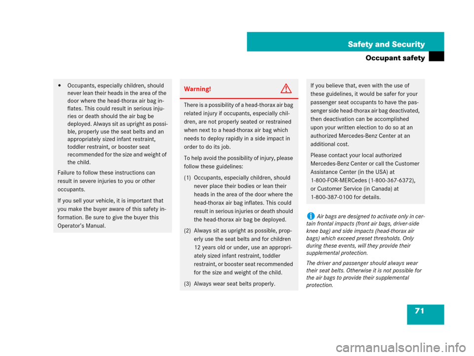 MERCEDES-BENZ SL550 2008 R230 Owners Manual 71 Safety and Security
Occupant safety
Occupants, especially children, should 
never lean their heads in the area of the 
door where the head-thorax air bag in-
flates. This could result in serious i