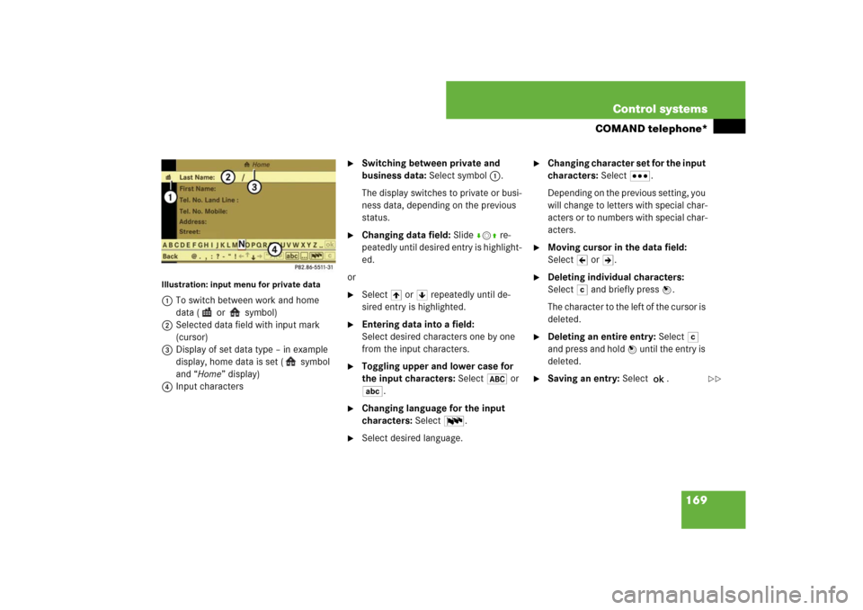 MERCEDES-BENZ S-Class 2008 W221 Comand Manual 169 Control systems
COMAND telephone*
Illustration: input menu for private data1To switch between work and home 
data (  or   symbol)
2Selected data field with input mark 
(cursor)
3Display of set dat