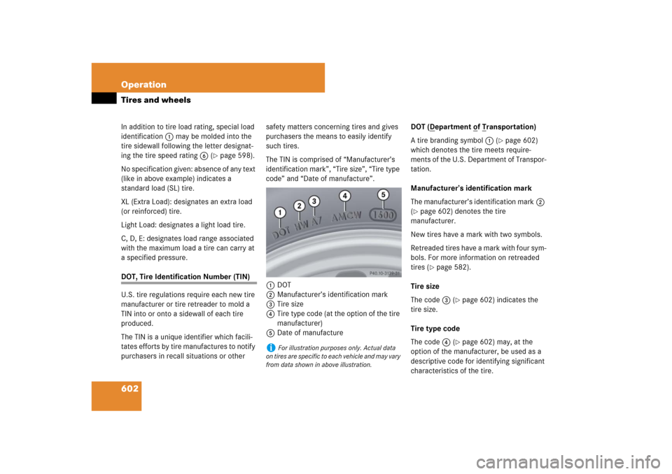 MERCEDES-BENZ S-Class 2008 W221 Comand Manual 602 OperationTires and wheelsIn addition to tire load rating, special load 
identification1 may be molded into the 
tire sidewall following the letter designat-
ing the tire speed rating6 (
page 598)