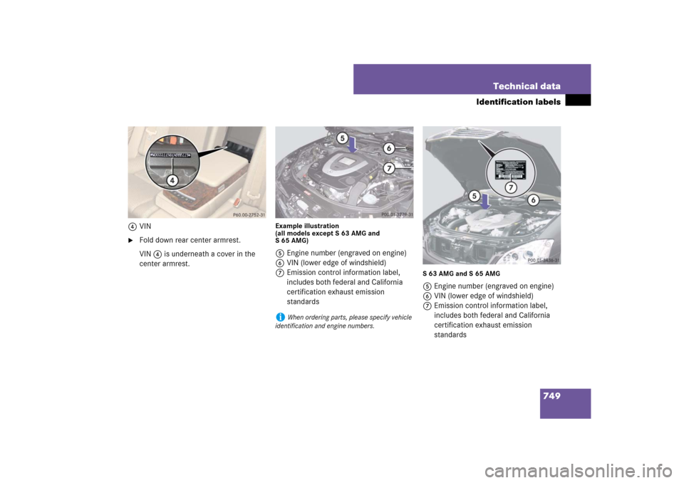MERCEDES-BENZ S-Class 2008 W221 Comand Manual 749 Technical data
Identification labels
4VIN
Fold down rear center armrest.
VIN 4 is underneath a cover in the 
center armrest.
Example illustration 
(all models except S 63 AMG and 
S65AMG)5Engine 
