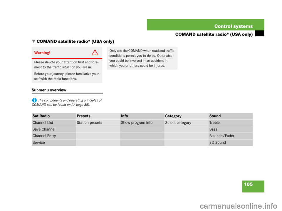MERCEDES-BENZ S550 4MATIC 2008 W221 Owners Manual 105 Control systems
COMAND satellite radio* (USA only)
COMAND satellite radio* (USA only)
Submenu overview
Warning!G
Please devote your attention first and fore-
most to the traffic situation you are