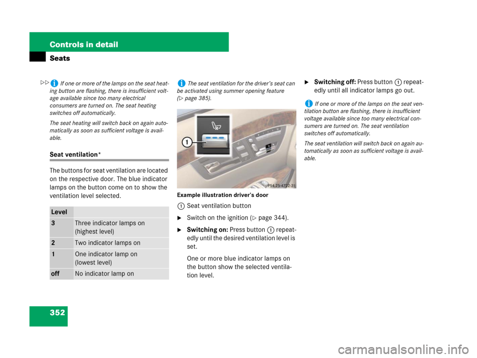 MERCEDES-BENZ S63AMG 2008 W221 Owners Manual 352 Controls in detail
Seats
Seat ventilation*
The buttons for seat ventilation are located 
on the respective door. The blue indicator 
lamps on the button come on to show the 
ventilation level sele