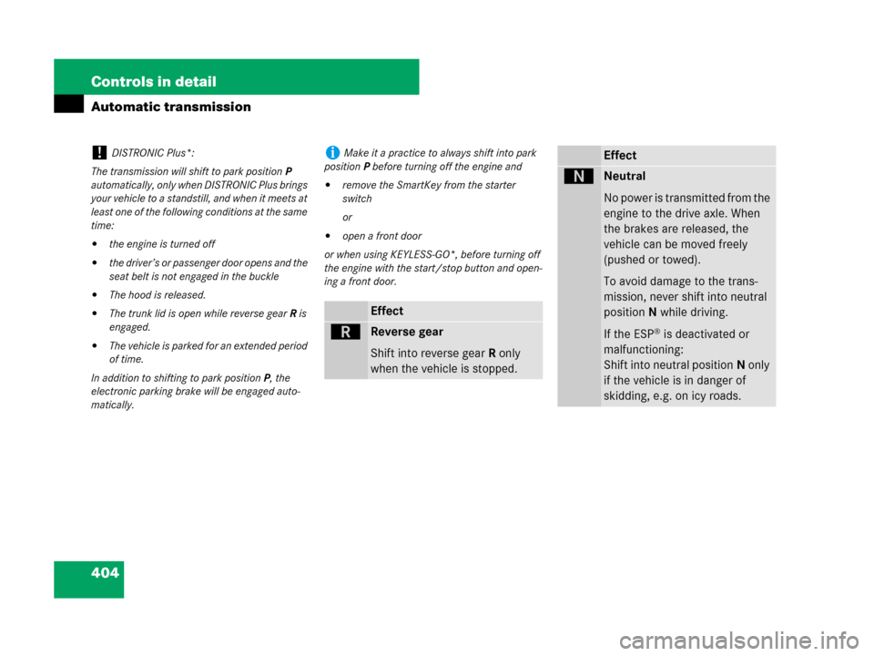 MERCEDES-BENZ S550 4MATIC 2008 W221 Owners Manual 404 Controls in detail
Automatic transmission
!DISTRONIC Plus*:
The transmission will shift to park positionP 
automatically, only when DISTRONIC Plus brings 
your vehicle to a standstill, and when it