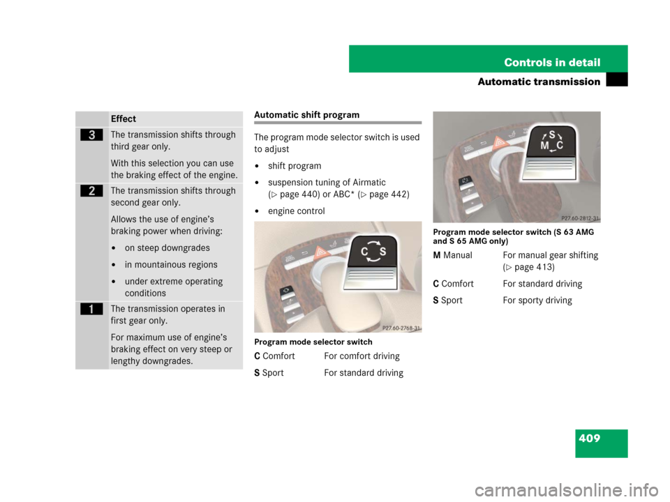 MERCEDES-BENZ S550 4MATIC 2008 W221 Owners Manual 409 Controls in detail
Automatic transmission
Automatic shift program
The program mode selector switch is used 
to adjust
shift program
suspension tuning of Airmatic 
(
page 440) or ABC* (page 442