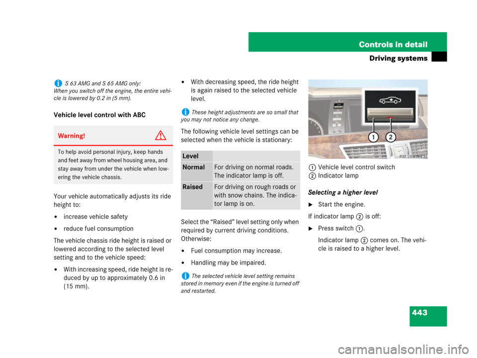 MERCEDES-BENZ S65AMG 2008 W221 Owners Manual 443 Controls in detail
Driving systems
Vehicle level control with ABC
Your vehicle automatically adjusts its ride 
height to:
increase vehicle safety
reduce fuel consumption
The vehicle chassis ride