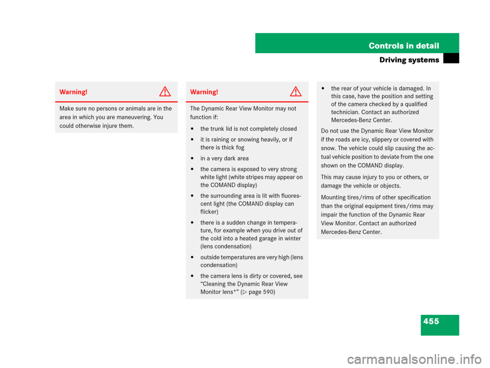 MERCEDES-BENZ S550 4MATIC 2008 W221 Owners Manual 455 Controls in detail
Driving systems
Warning!G
Make sure no persons or animals are in the 
area in which you are maneuvering. You 
could otherwise injure them.
Warning!G
The Dynamic Rear View Monito