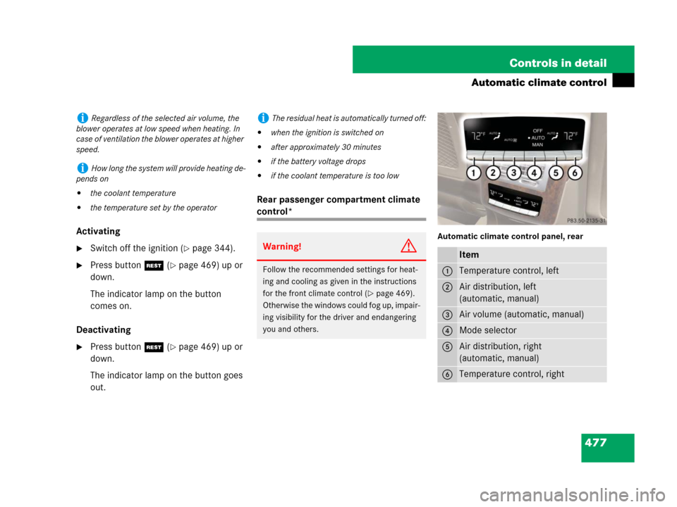 MERCEDES-BENZ S63AMG 2008 W221 User Guide 477 Controls in detail
Automatic climate control
Activating
Switch off the ignition (page 344).
Press buttonT (page 469) up or 
down.
The indicator lamp on the button 
comes on.
Deactivating
Pres