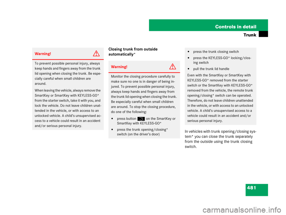 MERCEDES-BENZ S600 2008 W221 Owners Manual 481 Controls in detail
Trunk
Closing trunk from outside 
automatically* 
In vehicles with trunk opening/closing sys-
tem* you can close the trunk separately 
from the outside using the trunk closing 
