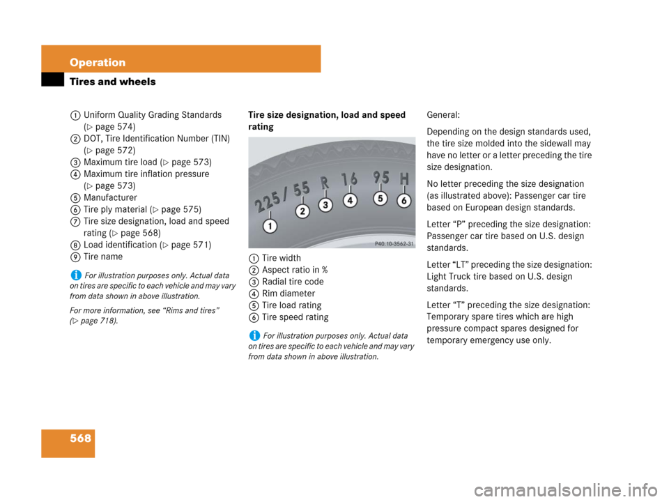 MERCEDES-BENZ S63AMG 2008 W221 Owners Manual 568 Operation
Tires and wheels
1Uniform Quality Grading Standards 
(
page 574)
2DOT, Tire Identification Number (TIN) 
(
page 572)
3Maximum tire load (
page 573)
4Maximum tire inflation pressure 
(